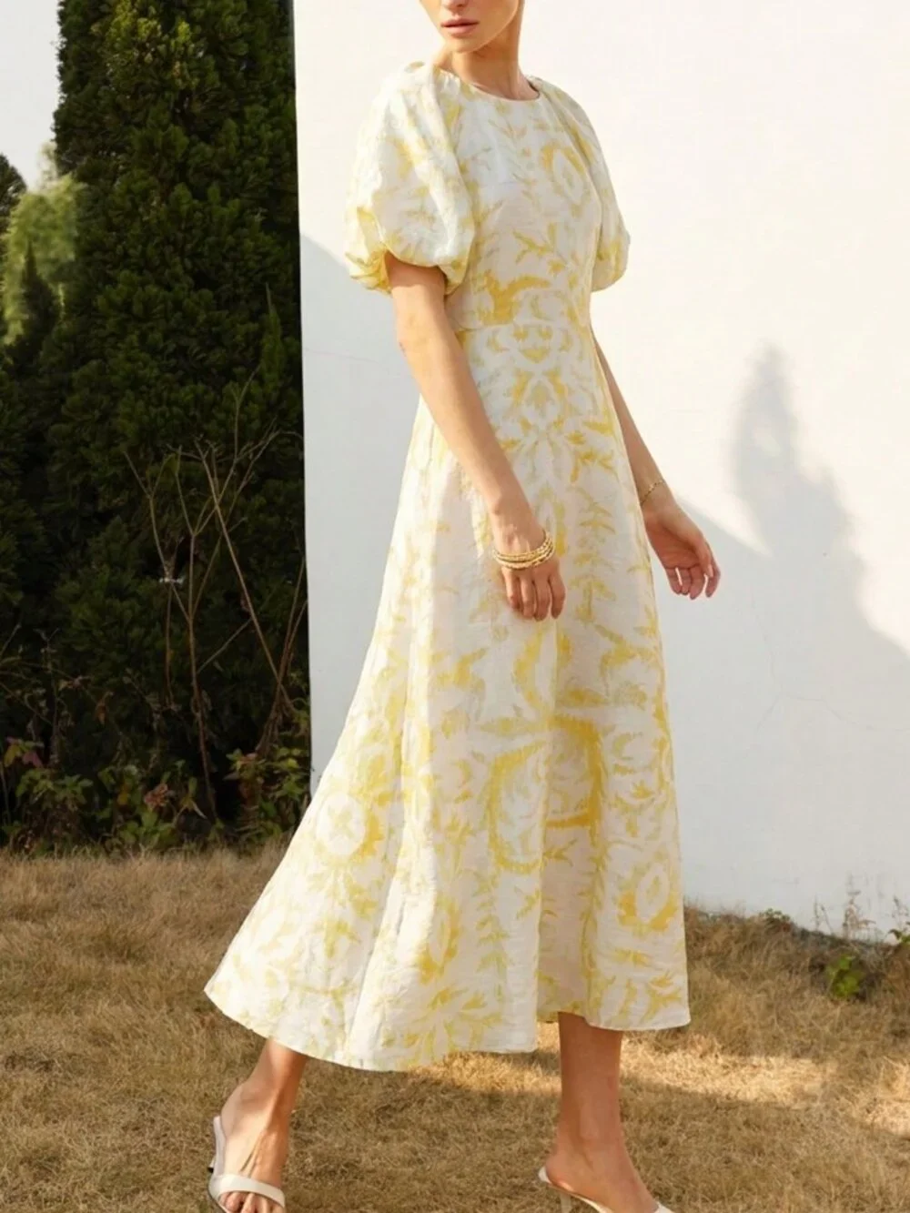 Light Yellow Boho Women's Bamboo Knit Floral Print Short Sleeve Cinched Dress